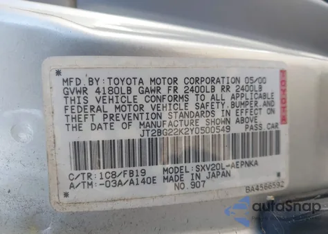 2000 Toyota Camry Le из США, поврежденный, VIN JT2BG22K2Y0500549